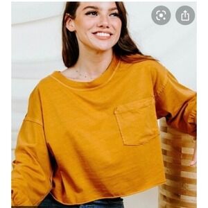 Free People NWOT Austin Oversized Copper Cropped Long Sleeve Shirt With Pocket